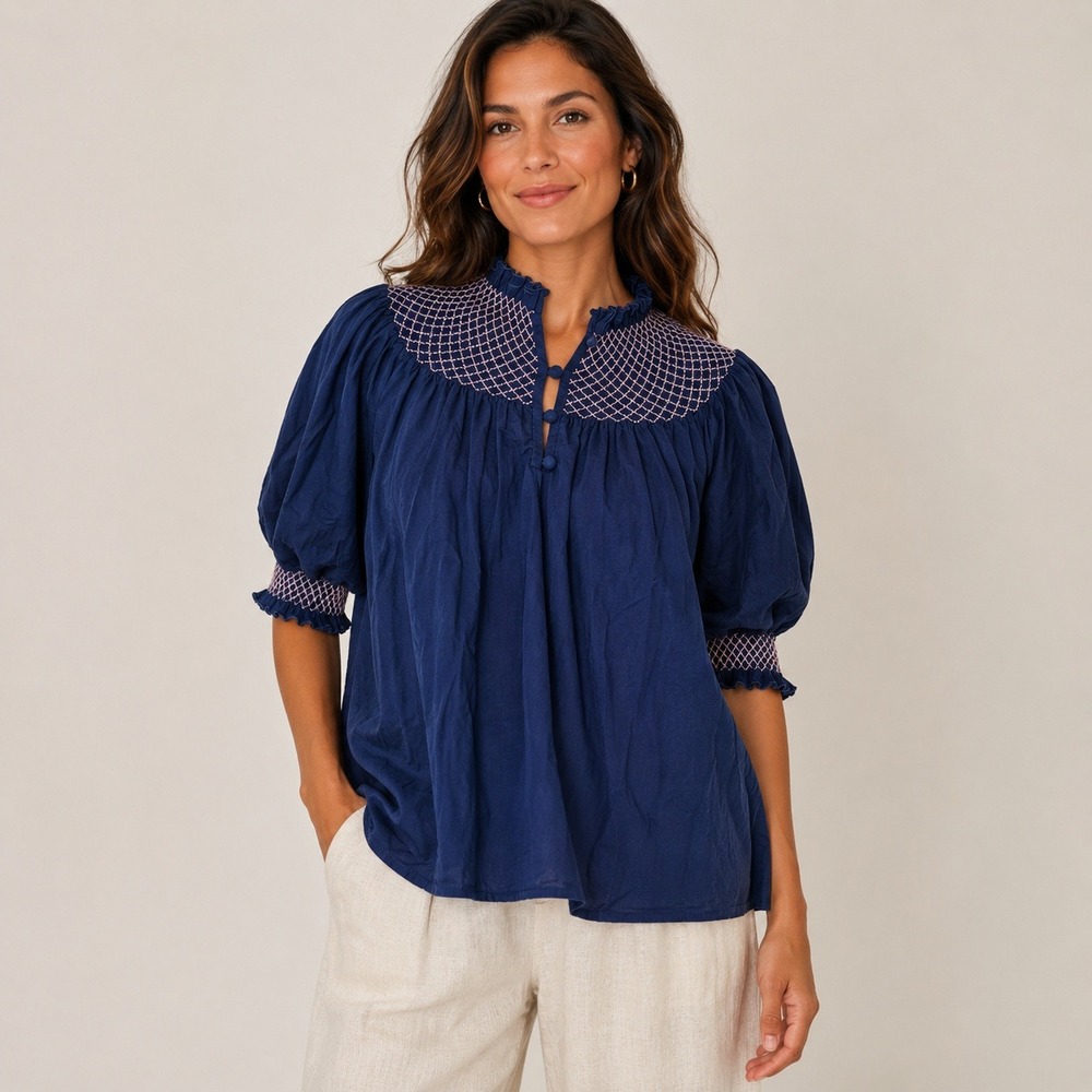 Dondolo Navy Blue Smocked Cotton Blouse Pink Embroidery Puff Sleeve Womens